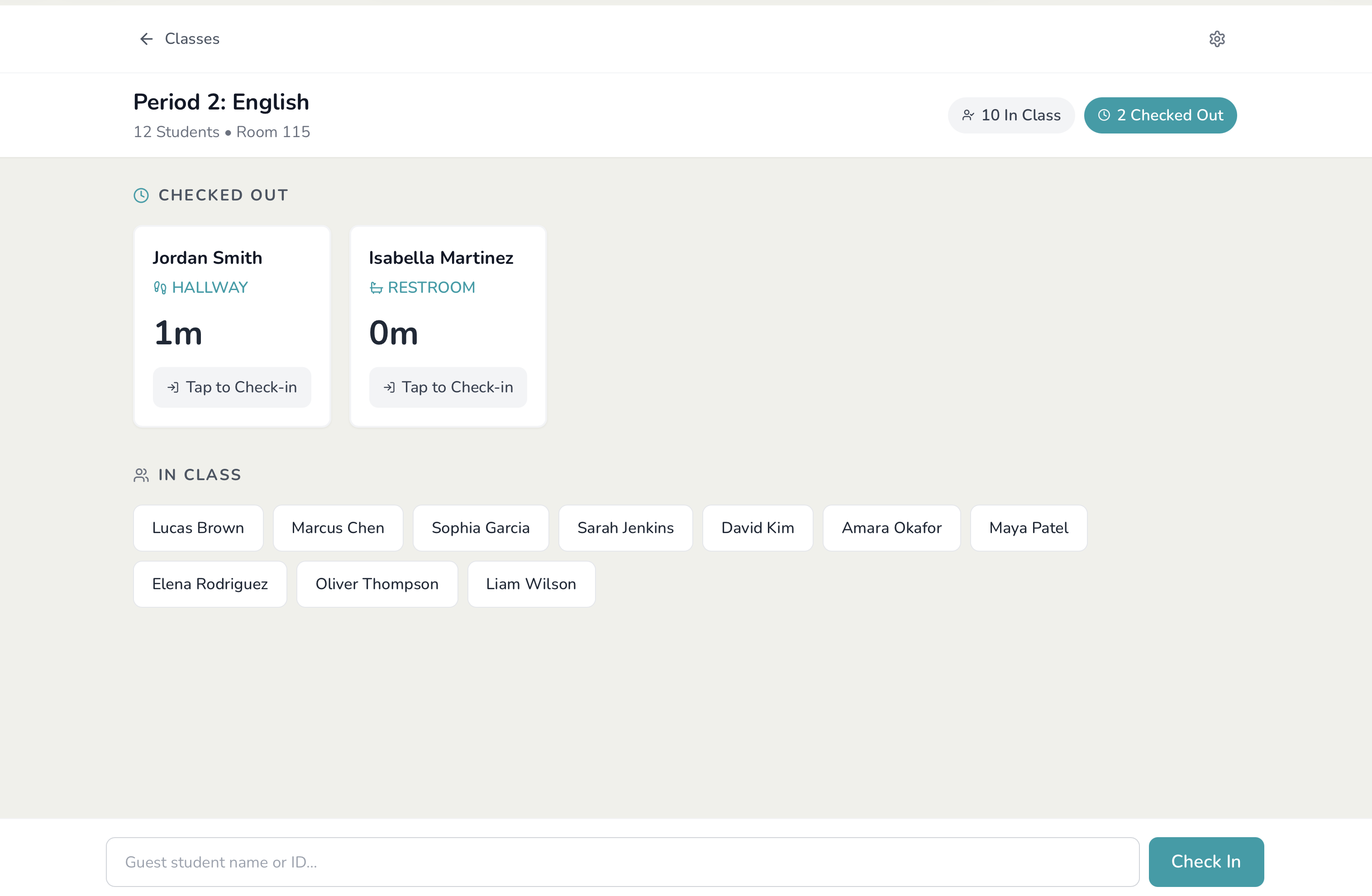 MonitorLizzie teacher view — who's checked out of class and for how long